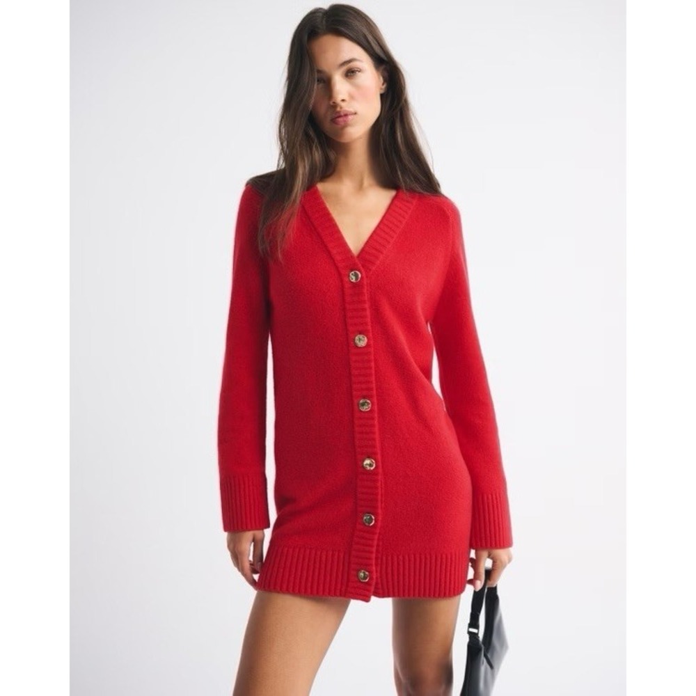 Abercrombie & Fitch Long-Sleeve Cardigan Mini Sweater Dress RED Large